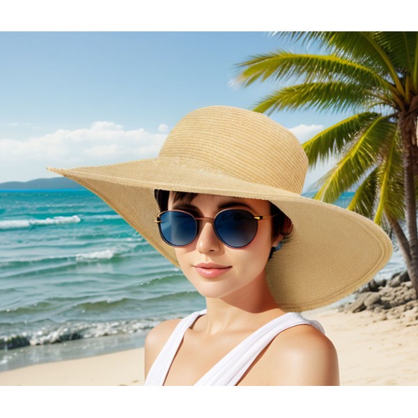 Straw Big Rim Hats - Paper Straw Braided w/ Rhinestones - Natural - HT-ST252NT